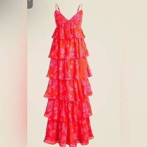J. Crew Red and Pink Ruffled Tiered Maxi Dress